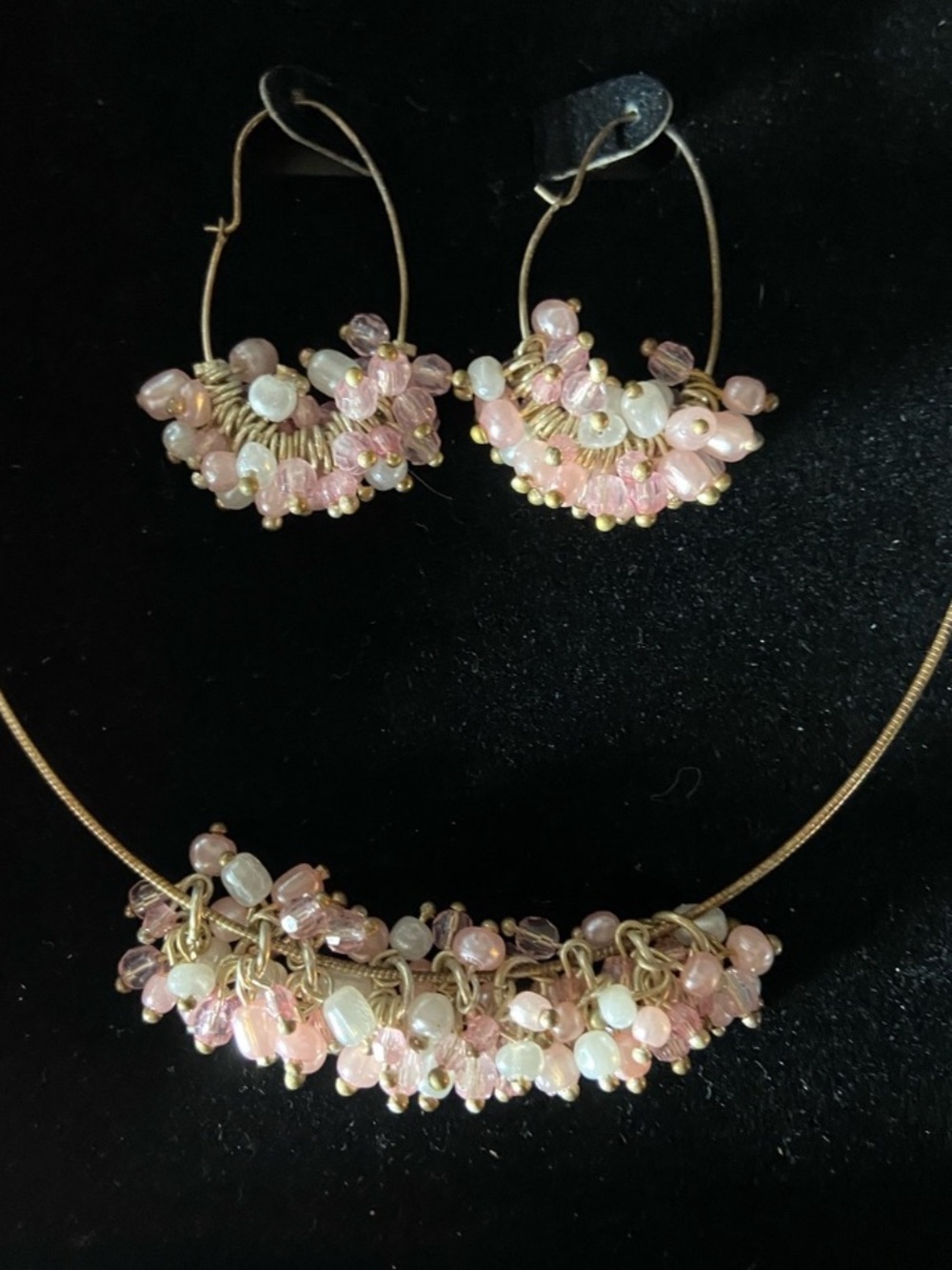 Delicate Pink Beaded Necklace and Hoop Earrings Set - Women Jewelry
